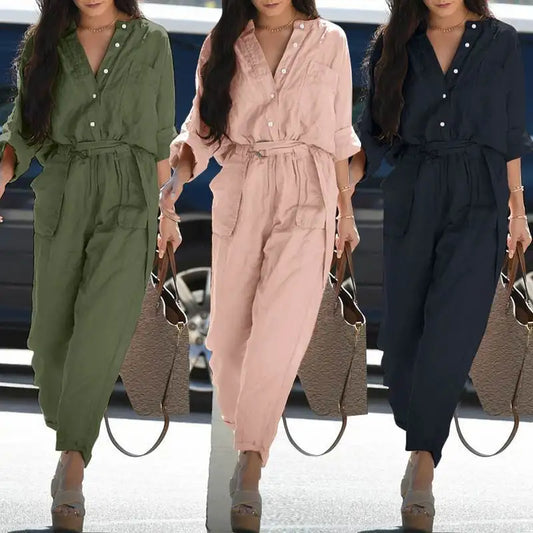 Women Cargo Jumpsuit Button Long Sleeve Pocket Pant .  S-3X