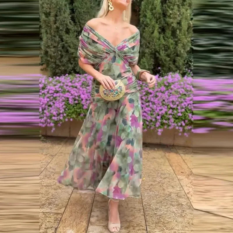 Fashion Printed Slim Draped Party Dress Elegant Lady V Neck Mesh Long Dress Temperament High Waist Dress. Vestidos largos  S-2X