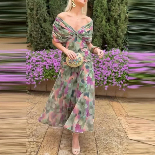 Fashion Printed Slim Draped Party Dress Elegant Lady V Neck Mesh Long Dress Temperament High Waist Dress. Vestidos largos  S-2X