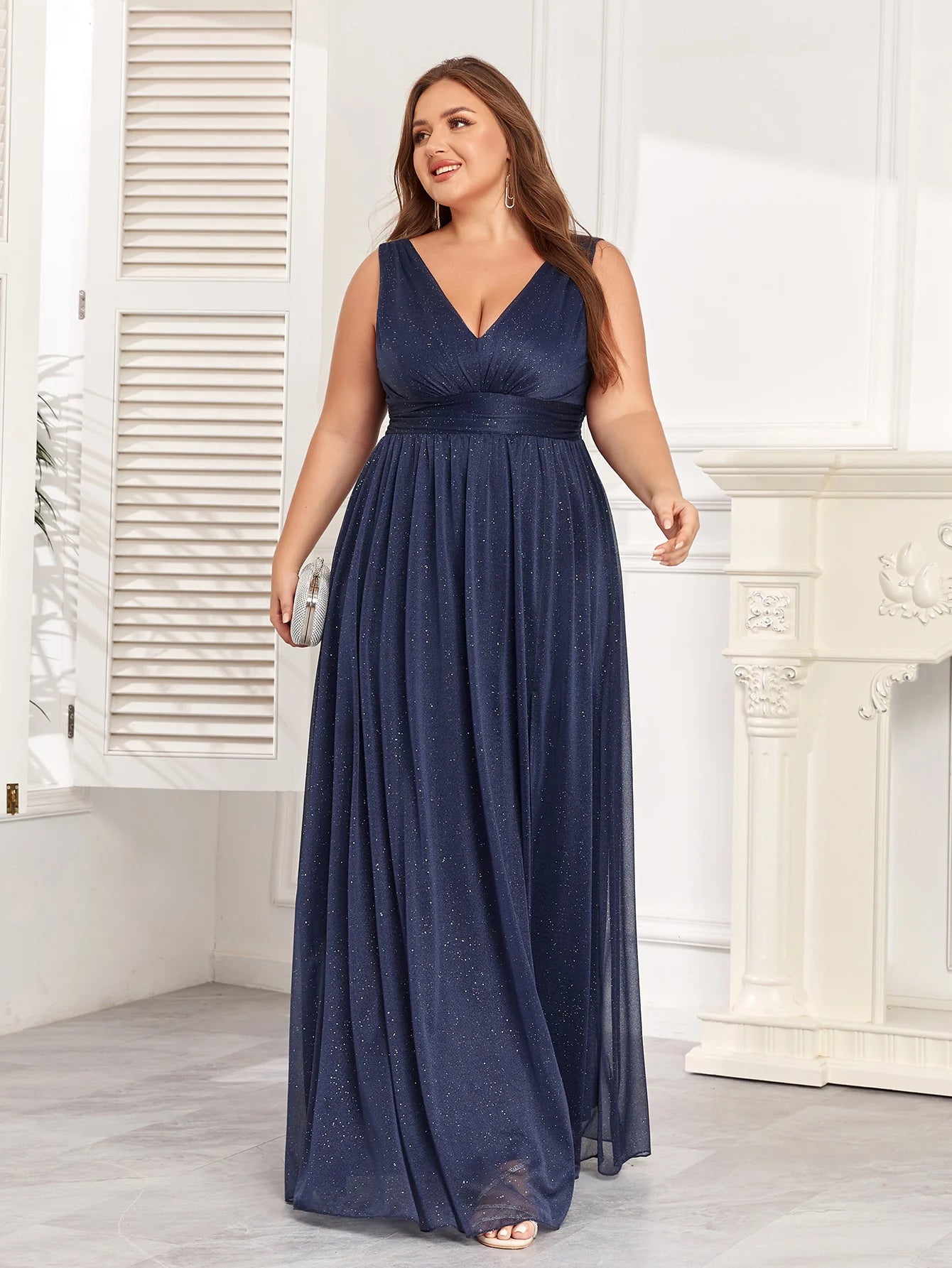 New Sparkling Chiffon Evening Gown Double V-Neck A-line Bridesmaid /Party Dress Side Slit Floor Length Dress.  S-4X