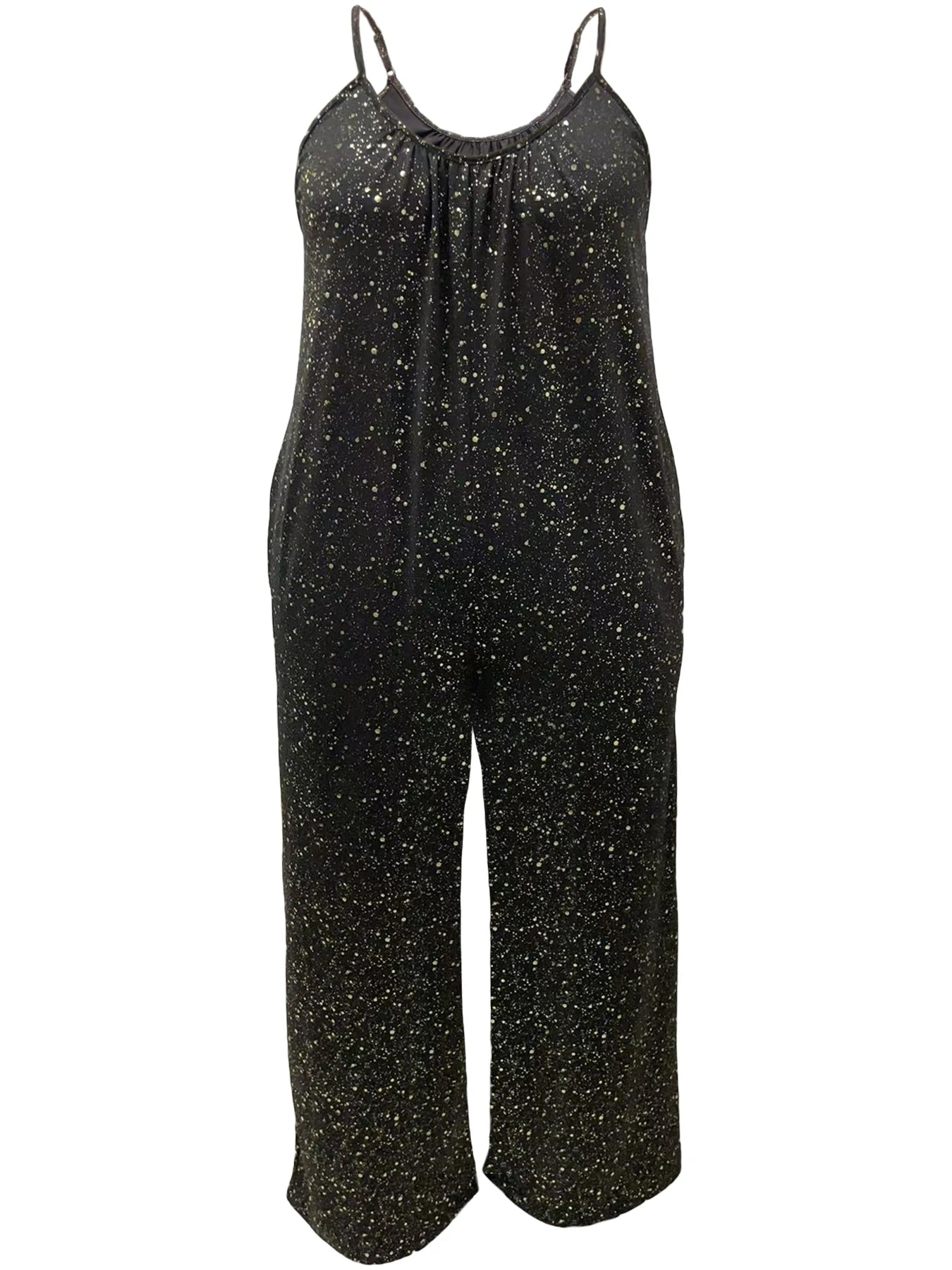 Plus size fashion women's full body black and gold sequin with pockets jumpsuit