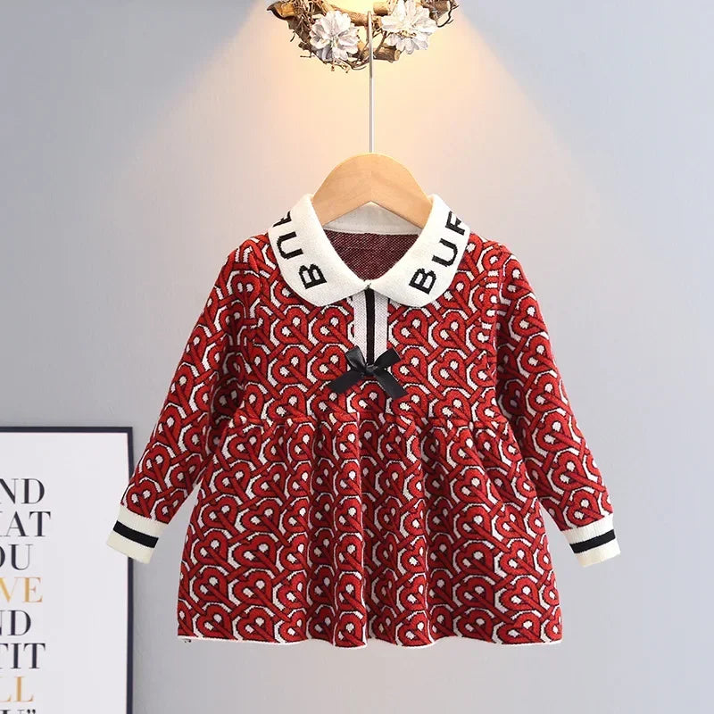 Heart Shape Thick Children Princess Kids Winter Heart Letter Bow Dress for Girl Clothing