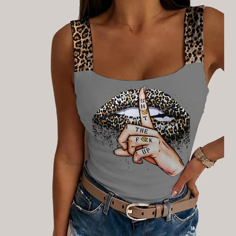Women's Leopard Lips Print Sleeveless Top. S-3xL