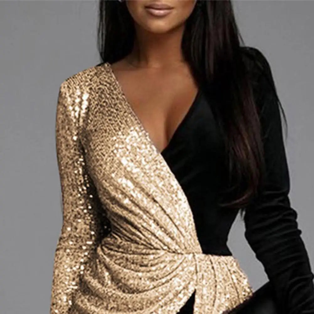 Women Romper Contrast Color Patchwork Soft Asymmetric Formal Long Sleeve Pleated Deep V Neck Shiny Sequin Jumpsuit.  Sz: S-xl