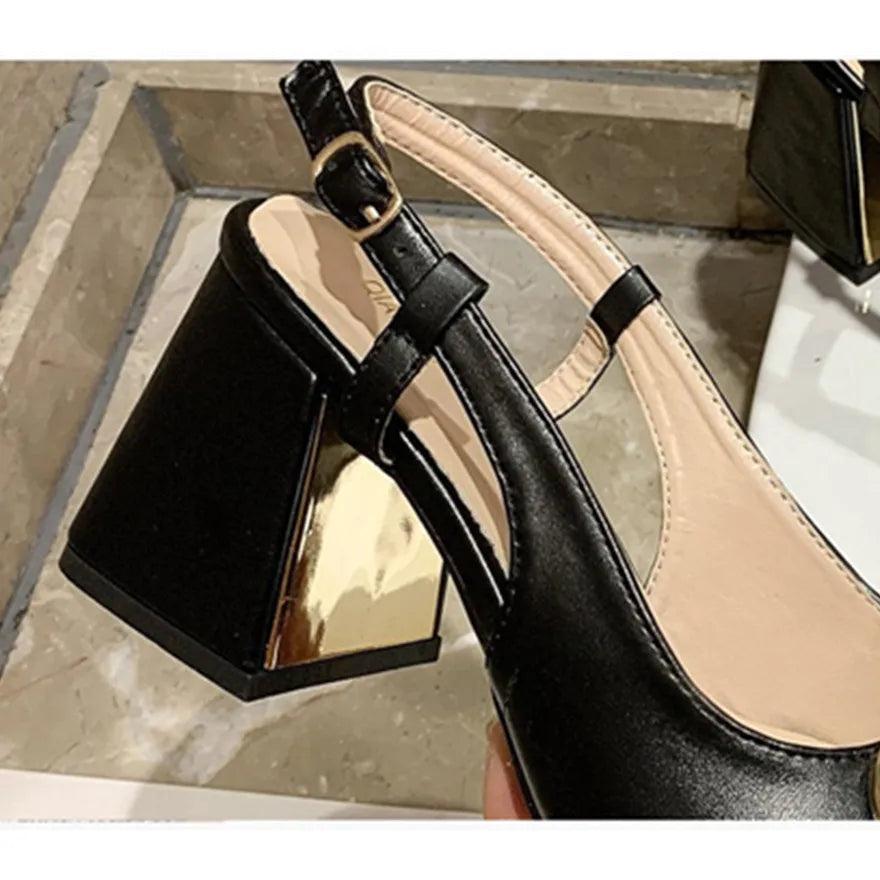 Women's 7 cm Sandals 2025 Summer French Style Thick Heel Square Toe Mary Jane Sandals.