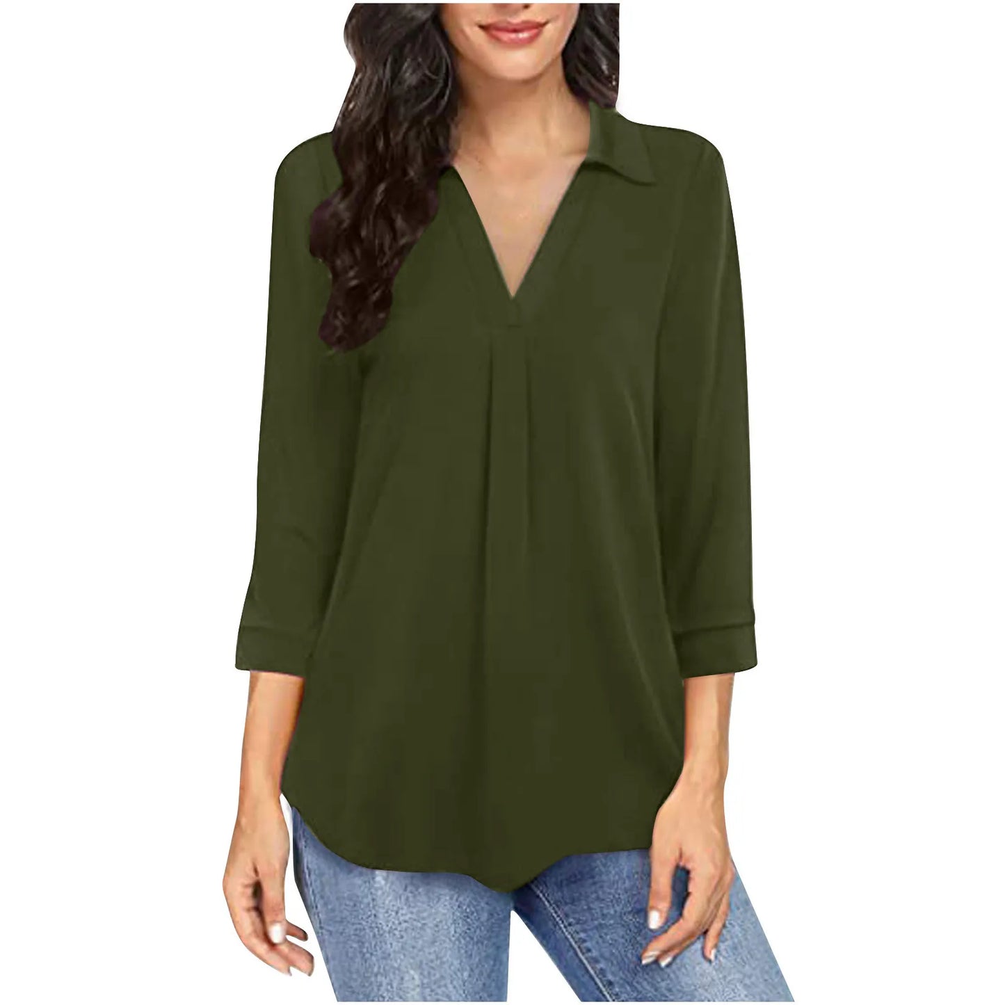 Ladies V-Neck Summer Loose Casual Solid Long Sleeve Blouse
