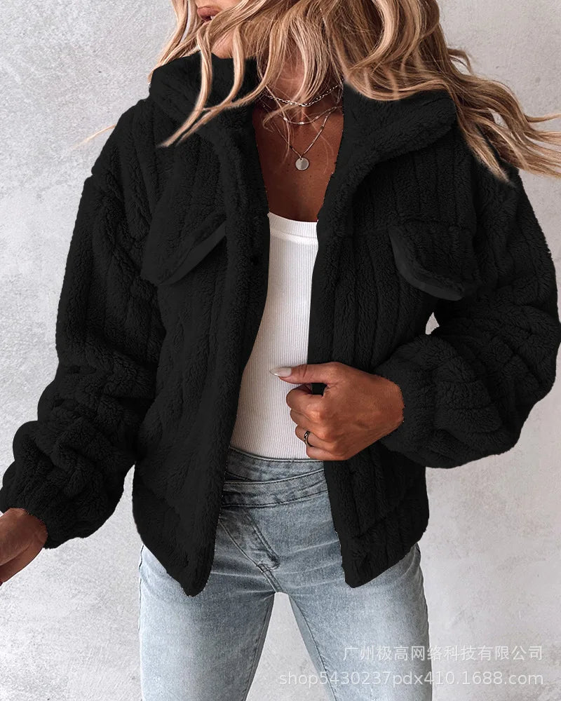 Women's Outerwear Solid Color Long Sleeved Lapel Fashionable Plush Thick Coat.  S-XL