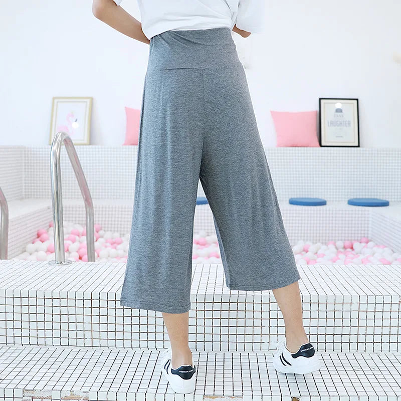 Spring Summer Wide leg calf length Loose Casual yoga pant High Waist three quarter Trousers.  M-2X