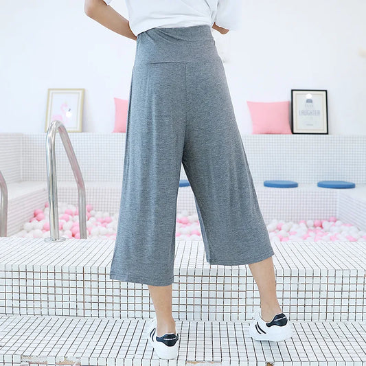 Spring Summer Wide leg calf length Loose Casual yoga pant High Waist three quarter Trousers.  M-2X