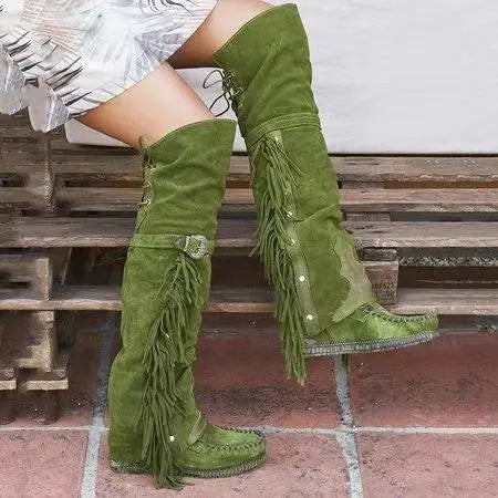 Ladies Fashion Bohemian Knee-length Women Boots Ethnic Personality High Boot Tassels Faux Suede Boots .