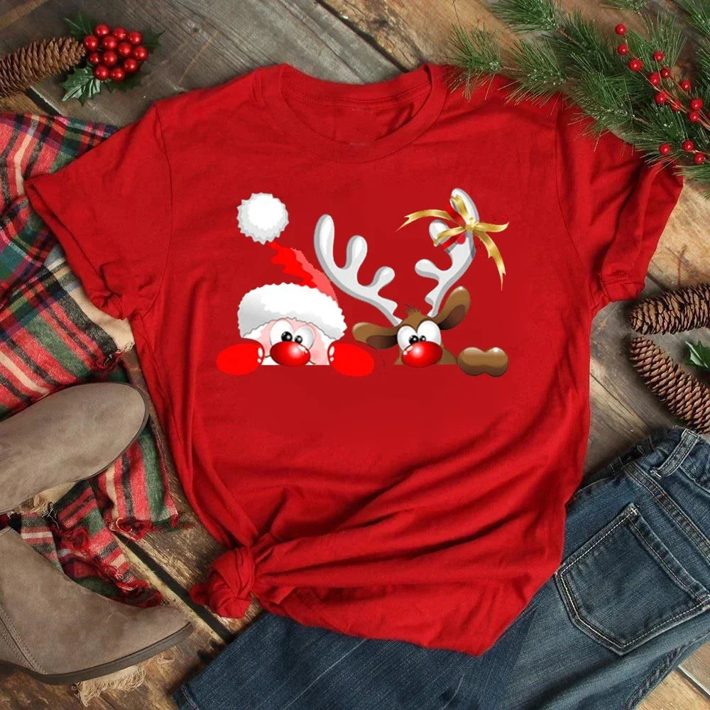 Women's Kawaii Christmas Top - Santa Claus & Deer O-Neck Y2K T-Shirt.  S-3X