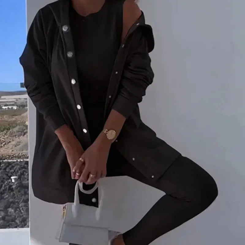 O-Neck Top Long Sweater Matching Set,Solid Three Piece Outfit, .  S-3x