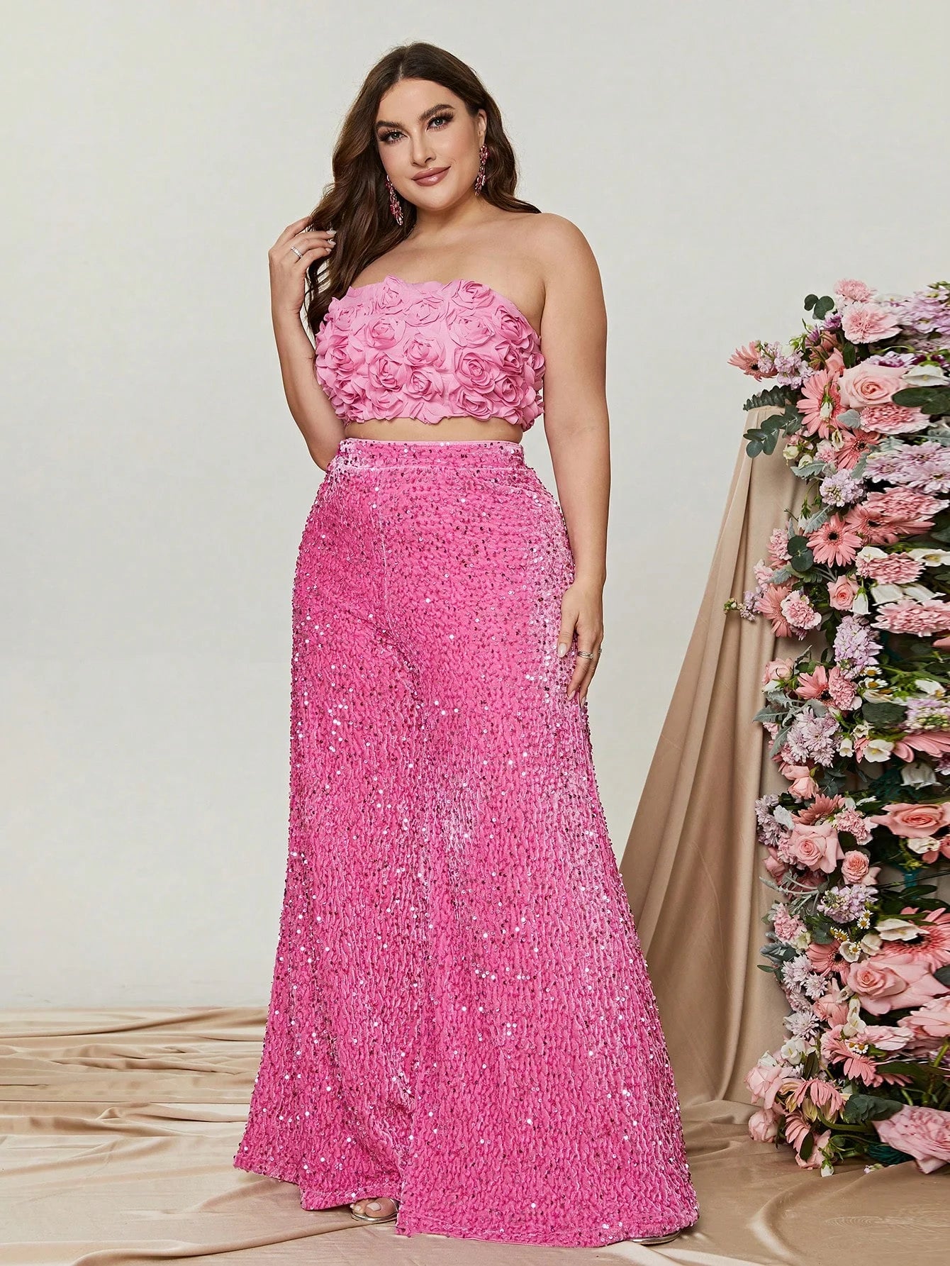 Plus Size Tube Top 3D Flower and Sequin Suit