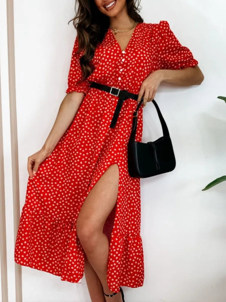 New Summer V Neck Short Sleeve Split Midi Dress Women Fashion Vintage Button Belt Elegant Floral Print Dress .  S-2X