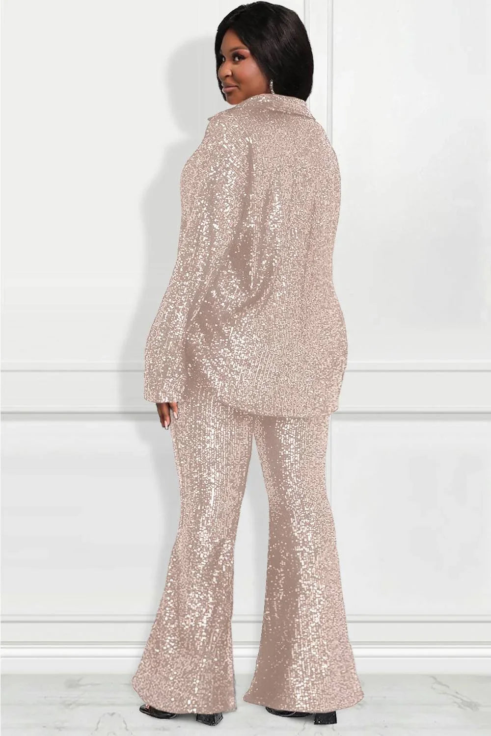 Plus Size Women Two Piece Set Sequin Flare Sleeve V-Neck Top and Wide Leg Pants Matching Set.