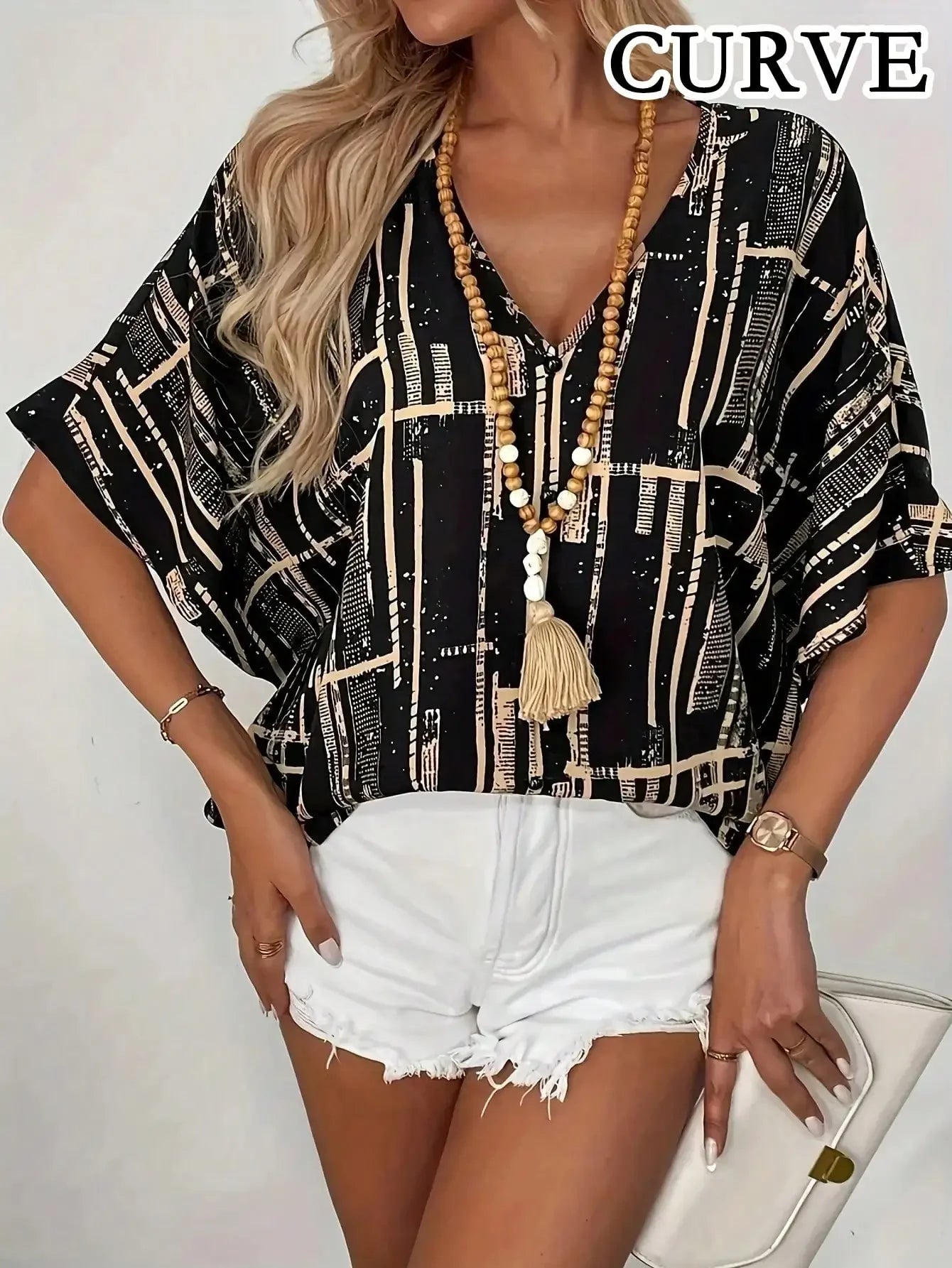 Plus Size 1XL-5XL Women's Fashion Print V-Neck Bat-wing Sleeve Blouse Casual Short Sleeve Summer Shirt.