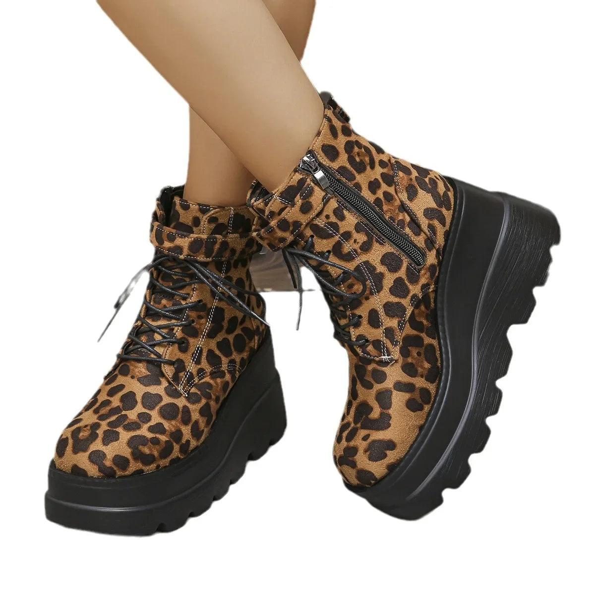 2025 Ladies Ankle Boots Modern Boots Leopard Side Zip Front Lace-up Wedge Boot