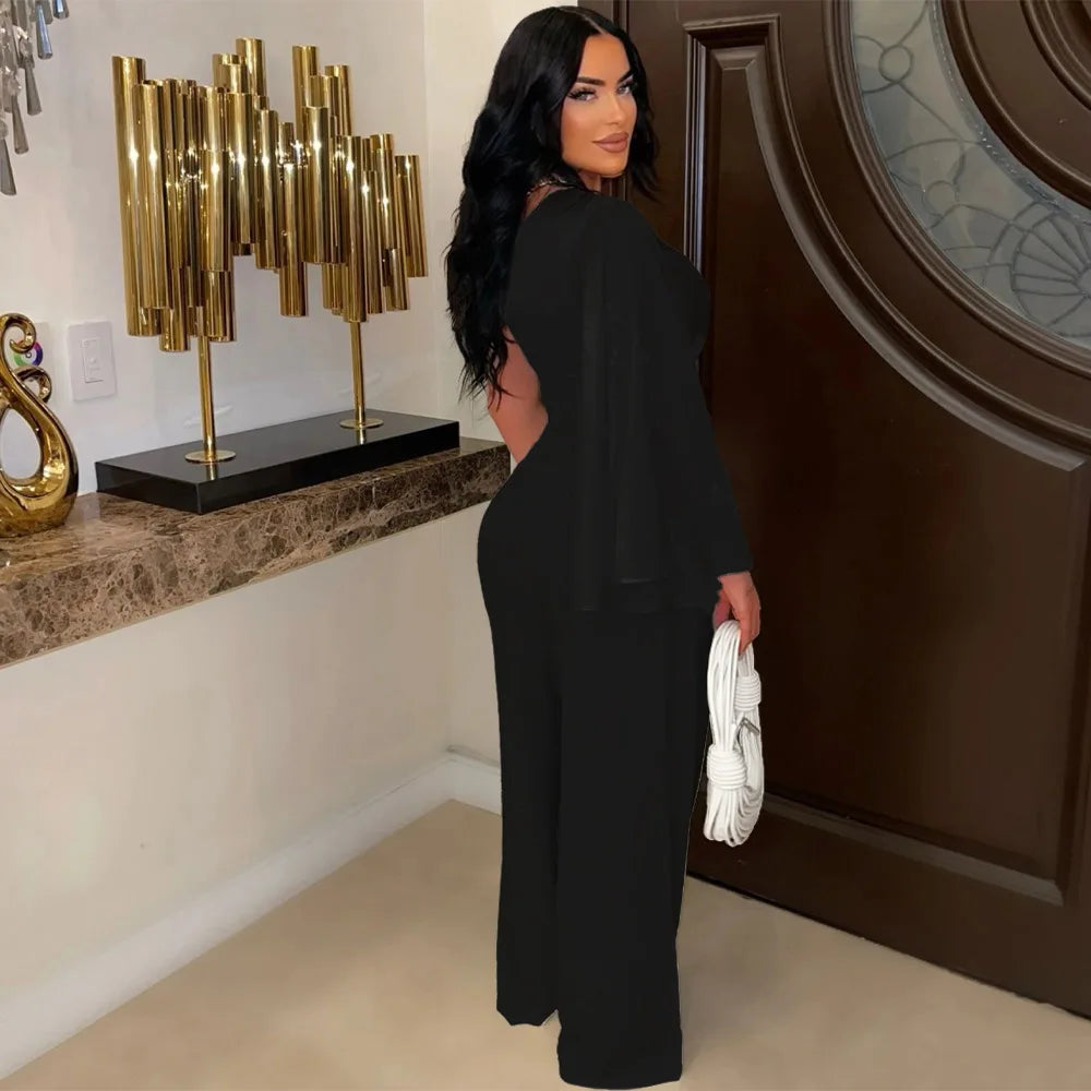 Ladies Sexy Two Piece Matching Set Wide Leg Pants One Shoulder Top.  Sz: S-xxL