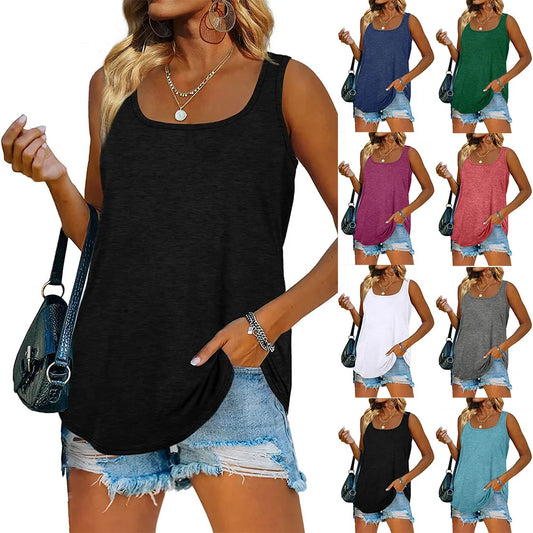 Women's O-Neck Sleeveless Loose Solid Colour Tank . S-2XL