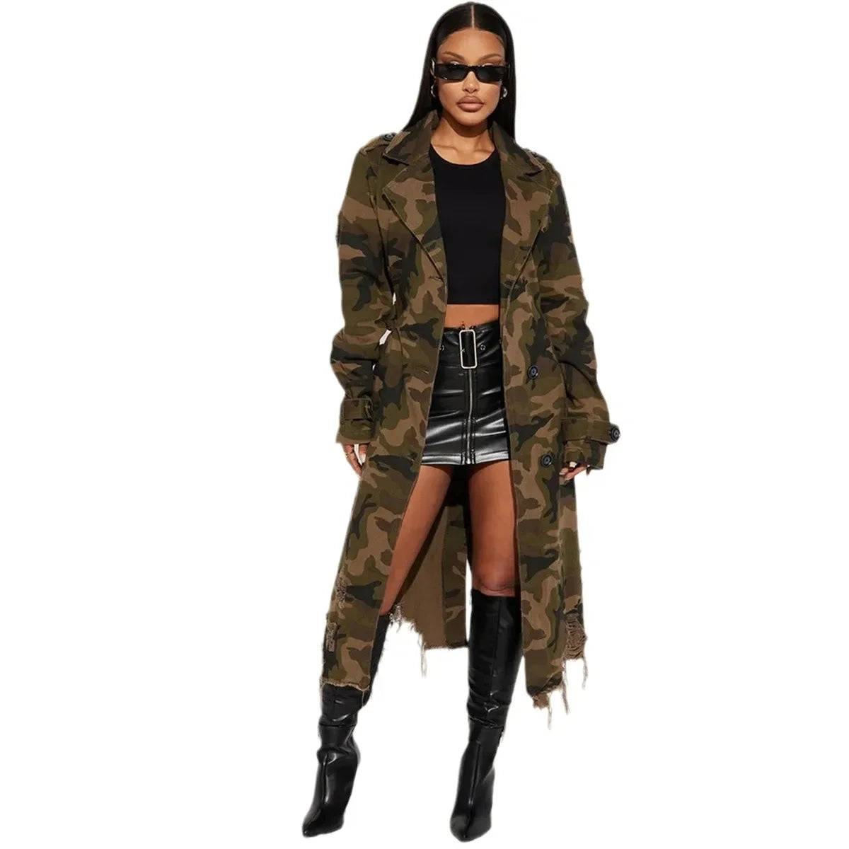 Camouflage Ripped Trench Style Jacket Sashes Single Breasted 2025 Women Street-wear Jacket.  S-2X
