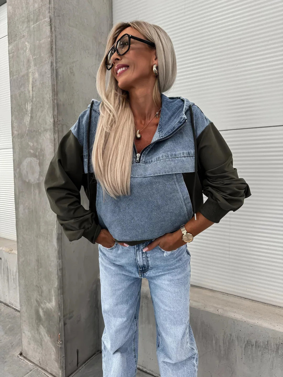Washed Denim Shirt/ Hoodie Loose Vintage Hooded Pullover Top Patchwork Shirt.  S-XXL