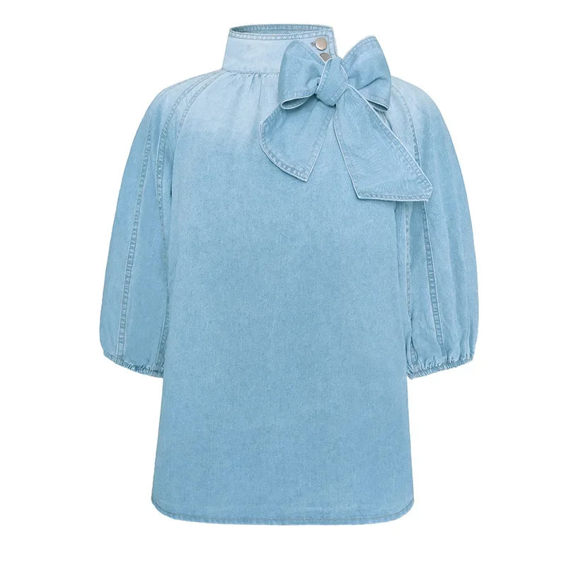Women Denim Turtleneck Splice Puff Sleeve Loose Irregular Top Solid Pullover Casual Street-wear Shirt.  S-XXL