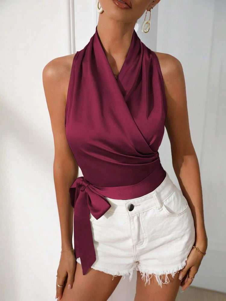 Elegant Neck Hanging Silk Satin 2025 Spring Summer Sexy Side Wrapped Blouse.  S-XL