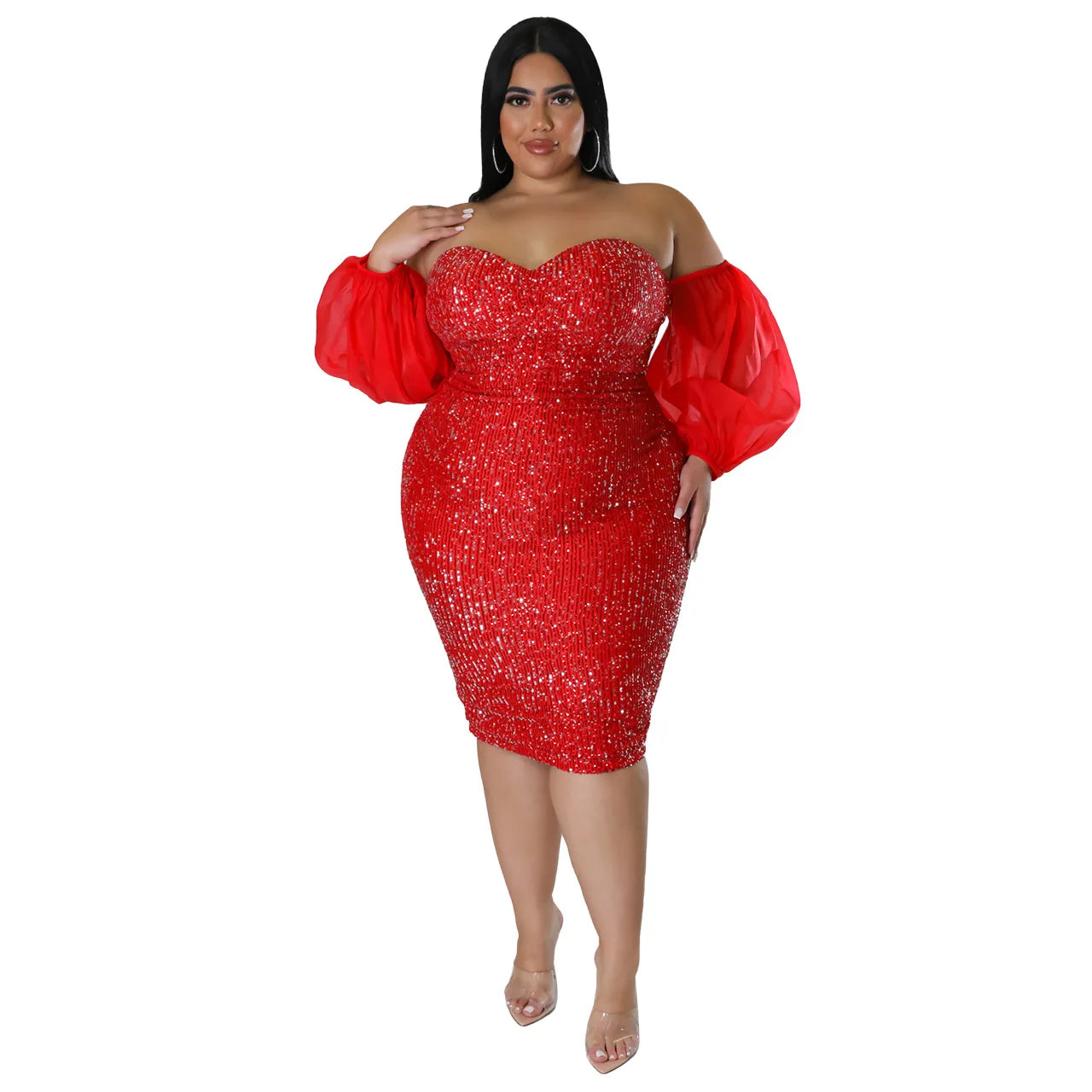 Plus Size Women Sexy Sequin Dress Strapless Solid Party Evening Dress Bodycon Skinny Dress