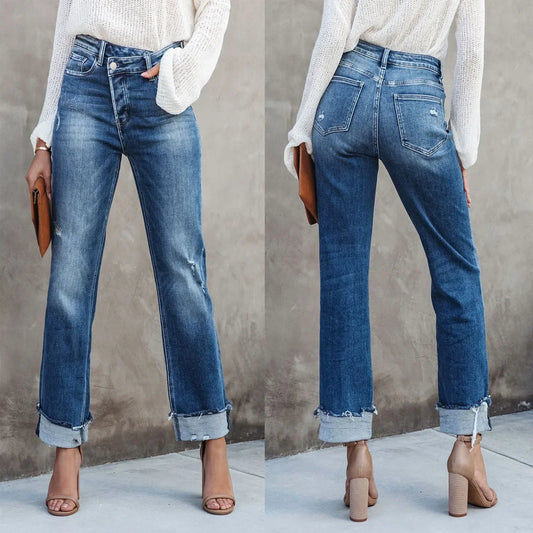 Women Straight Ripped Ankle Length Denim Jeans High Waist Pocket Button Pants.  S-XL
