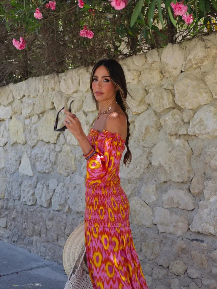 Women Summer Party Holiday Lady Print Ruffle Pleated Long Dress Fashion Off Shoulder Puff Sleeve Midi Dress.  XS-L