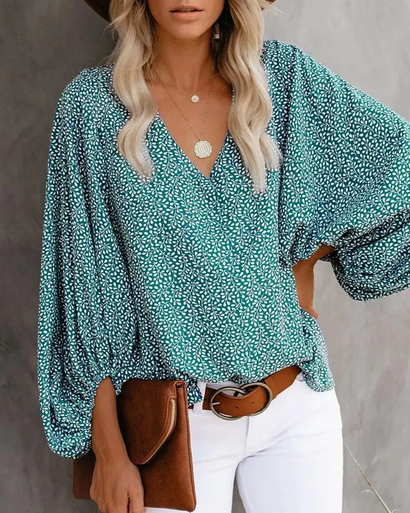 New European V-neck Printed Lantern Sleeve Top.  S-3X