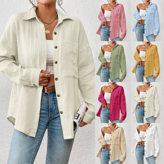 Solid Casual Loose Shirt Vintage Women's Oversized Fashion Elegant top.  S-2XL