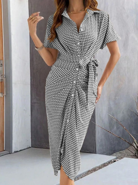 Women's Summer Turn-Down Collar High Waist Casual Short Sleeved Ruched Button Daily Long Shirt Dress.  S-XL