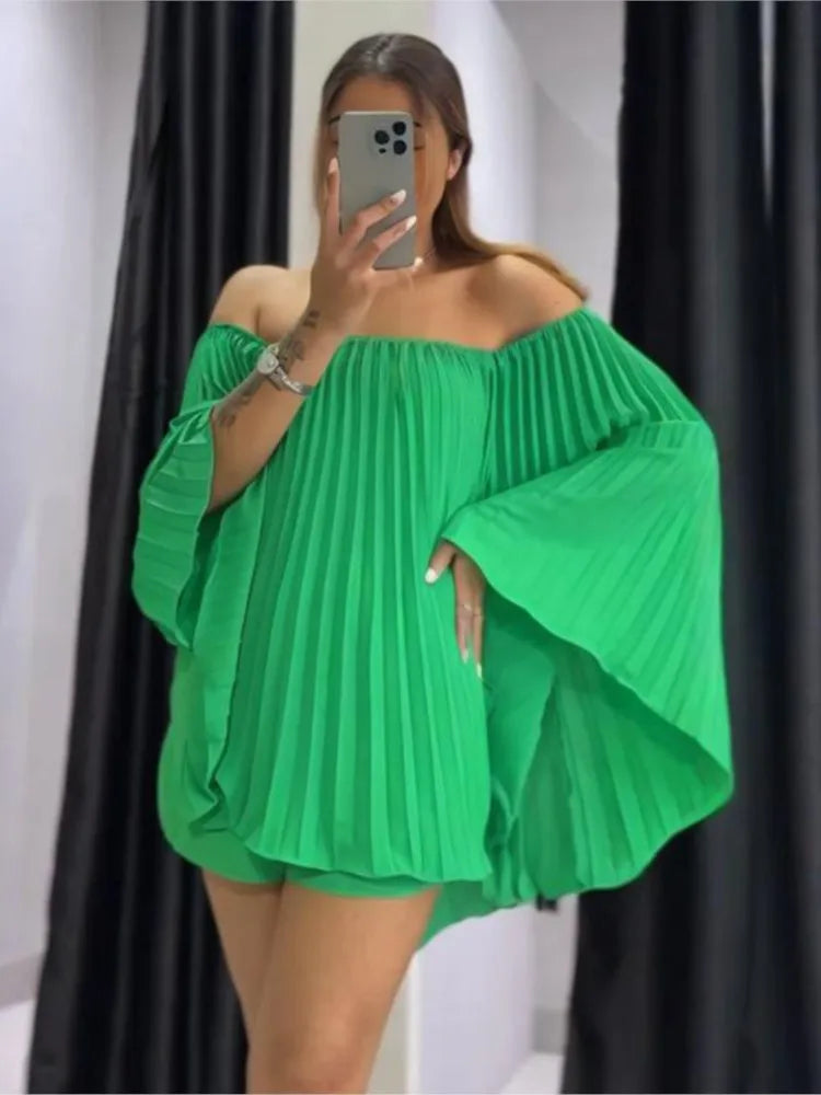 Women's Sexy Off Shoulder Pleated Chiffon Long Sleeve Shorts 2 Piece Fashion Loose Shawl Sleeves Elegant Shorts Set.