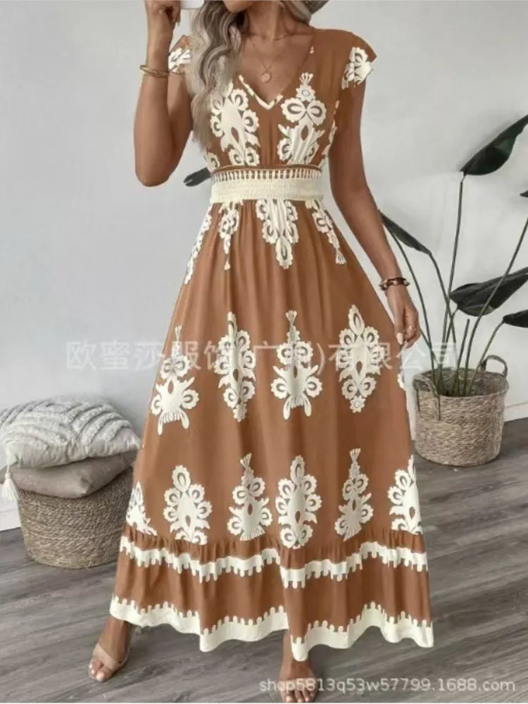 Women's Print Dress Summer Fashion High Waist Slim Body Casual V Neck Swing Elegant Ladies Long Dress.  S-XL