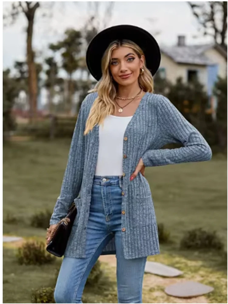 Button Solid Color Long Sleeved  Versatile Fashion High Cardigan.  S-xxL