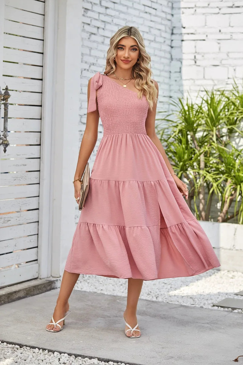 Women Tie Shoulder Dress Summer Sleeveless Side Split Sexy Tiered Ruffle Dress.  S-XL