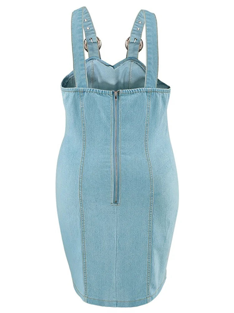 Plus Size Denim Dress for Women Summer Sleeveless Fashion Casual Bodycon Zipper Midi Dress