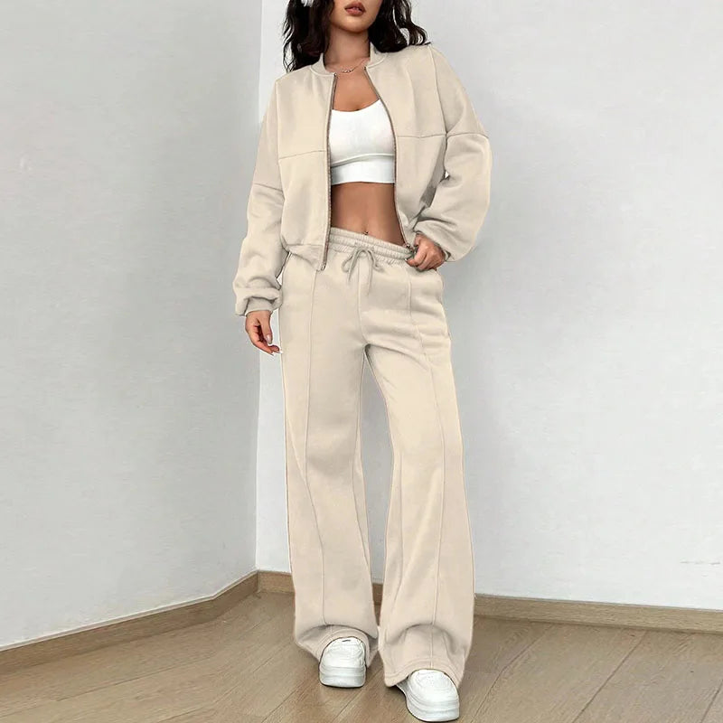 Casual Pants Set Women Spring Autumn Zip Up Jacket Loose Elastic Waist Trousers Suit.