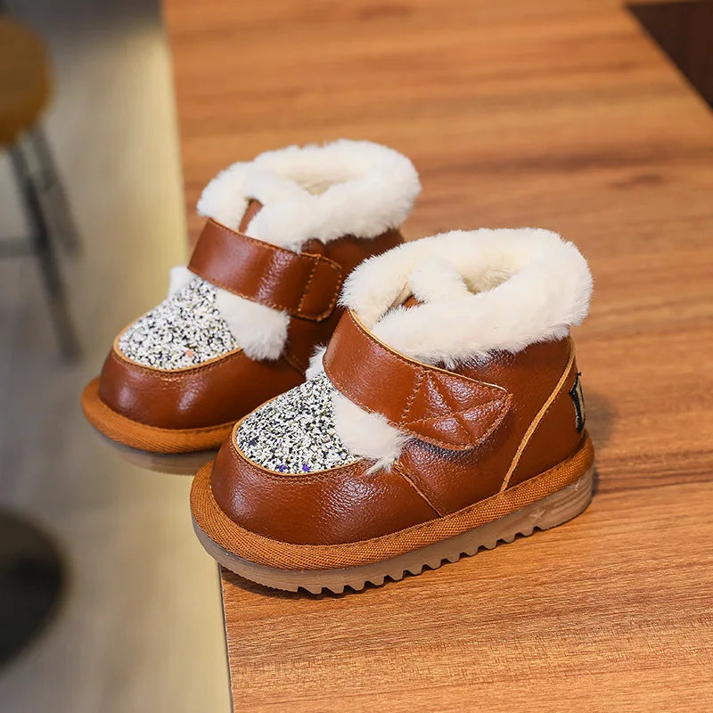 High Quality Leather Winter Toddler Unisex  First Step Boots Plush Warm First Walkers Infant Kids Soft Bottom Girls And Boys Shoes Non-slip.