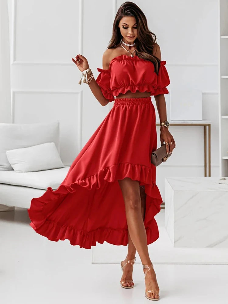 Ladies Two Piece Summer Sexy Short Sleeve Shirt And Slow Skirt Suit Solid Chic Off Shoulder, Puff Sleeve Short Top