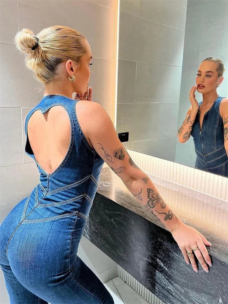 Backless Heart Cutout Bodycon Jumpsuit For Women Casual Sleeveless Slim One-Piece Retro Denim Jumpsuits New 2025