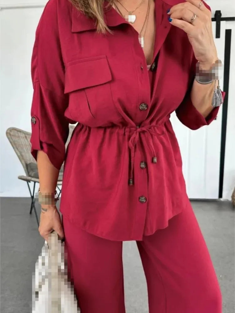 New Fashion Women's Long Sleeve Suit Casual Baggy Drawstring Shirt And Pants Female Two Piece Set.  S-3X