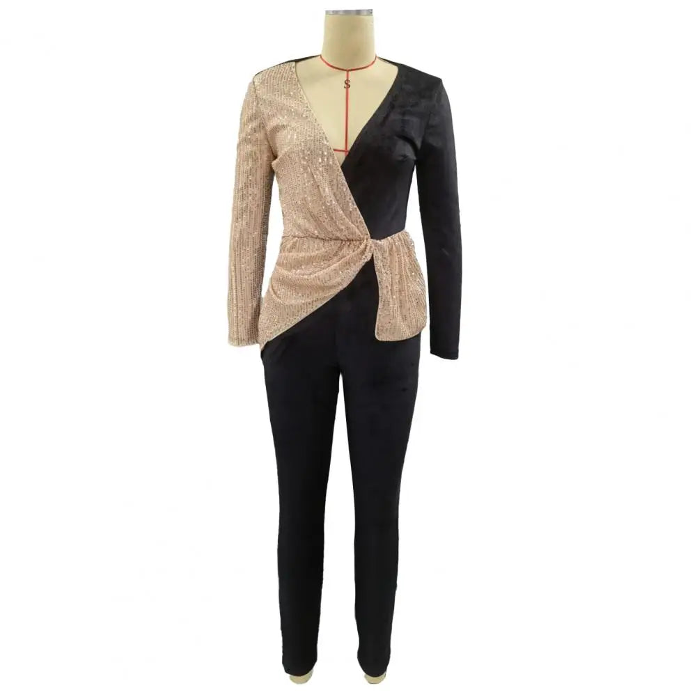 Women Romper Contrast Color Patchwork Soft Asymmetric Formal Long Sleeve Pleated Deep V Neck Shiny Sequin Jumpsuit.  Sz: S-xl