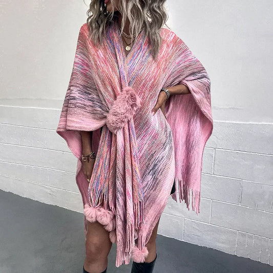 Shawl Women Full Sleeve Tassel Elegant Splice Open Stitch Poncho. (One Size)