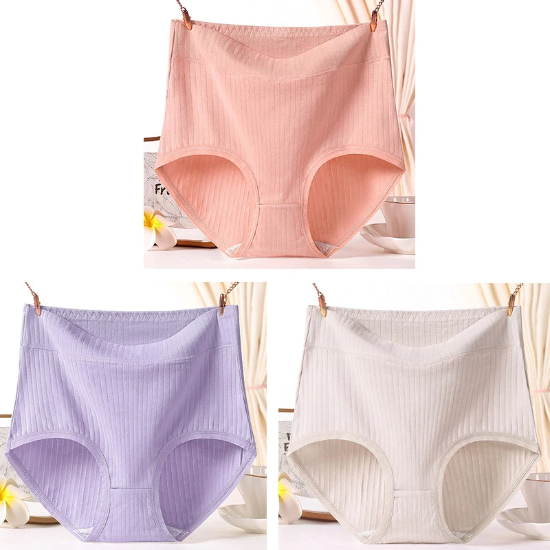 3pcs Ladies Plus Size High Quality Cotton Panties High Waist Breathable Briefs Solid Colour.