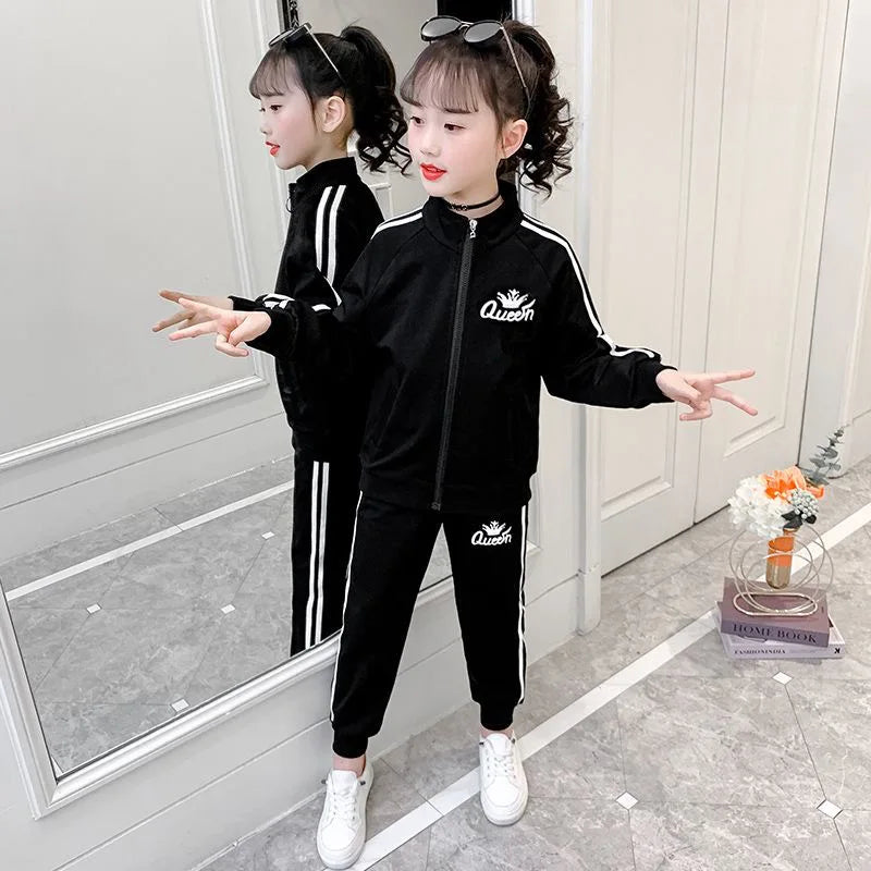 2025 teens autumn spring Girls Teenager tracksuit sport crown letter striped zipper Coat Jacket + skinny pant 5 6 7 8 9 10 year