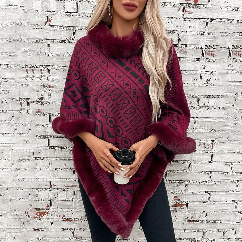 Women Poncho/ Sweater Pullover Fur Collar Cloak Irregularity Warm Thick Elegant Autumn Winter Casual Poncho