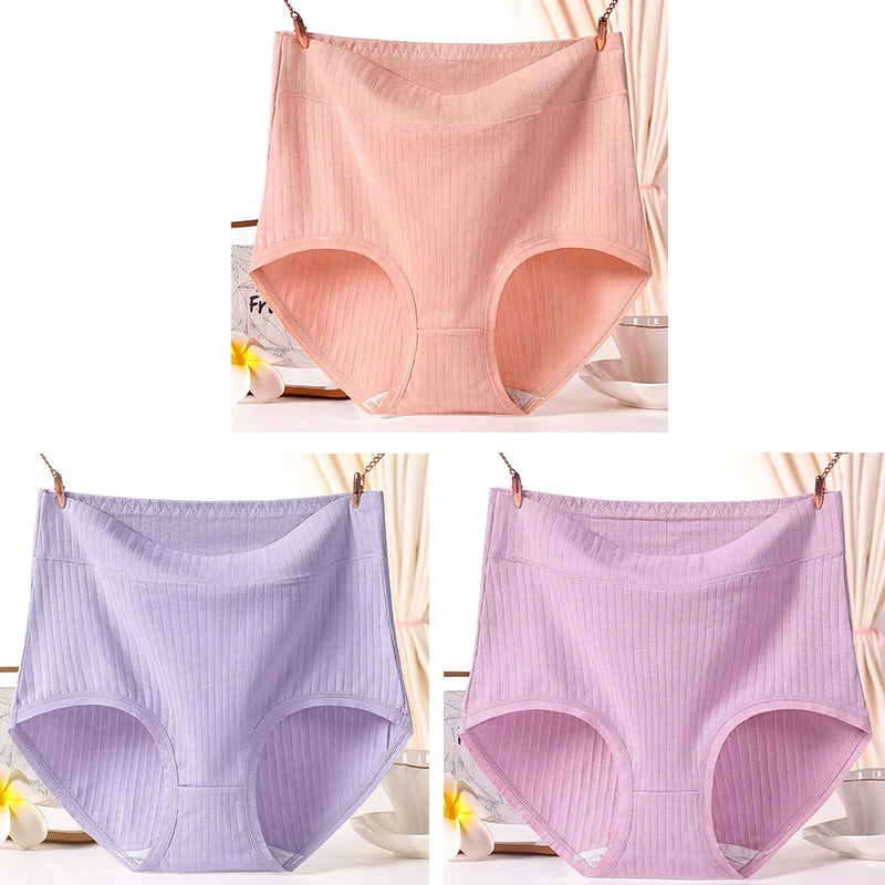 3pcs Ladies Plus Size High Quality Cotton Panties High Waist Breathable Briefs Solid Colour.