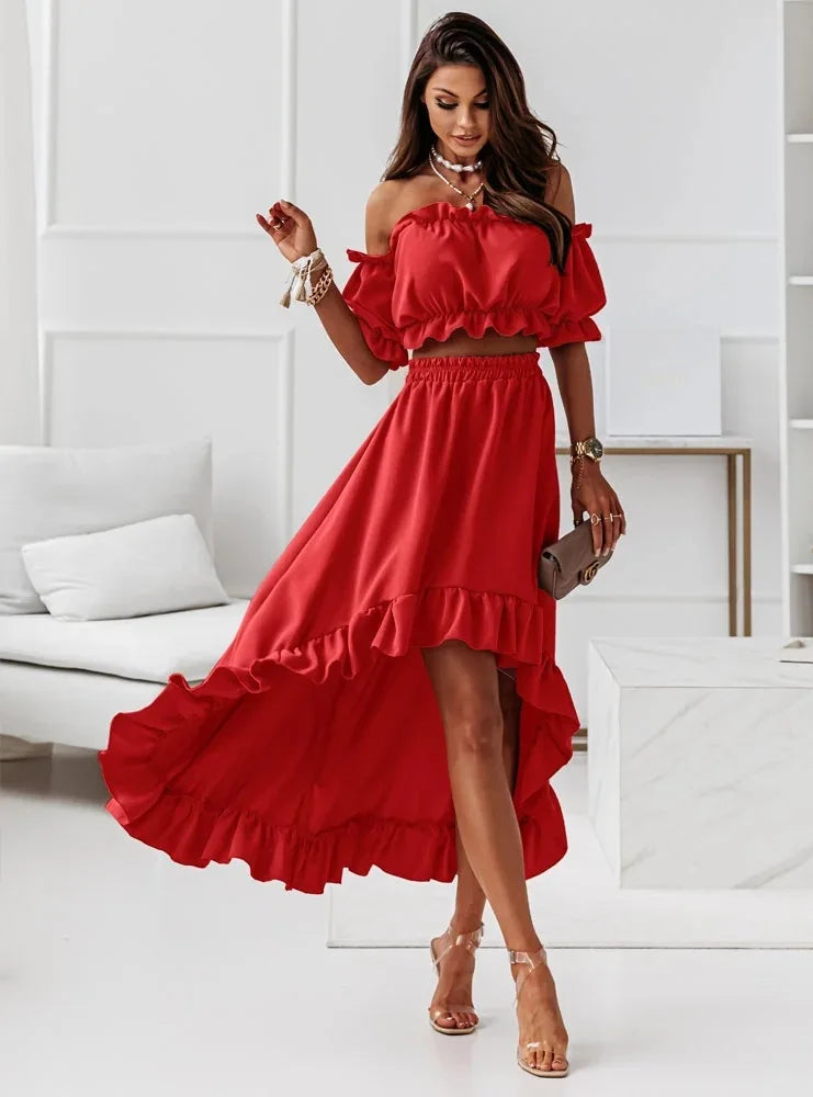 Ladies Two Piece Summer Sexy Short Sleeve Shirt And Slow Skirt Suit Solid Chic Off Shoulder, Puff Sleeve Short Top